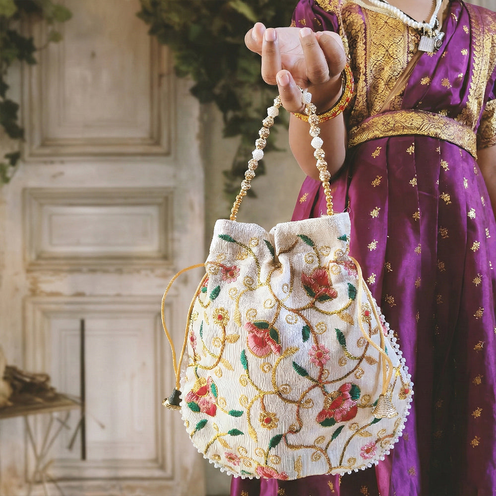 JS Fashion Bridal Silk Brocade Potli Bag with Pearl Border & Beaded Handle