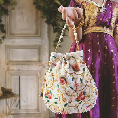 JS Fashion Bridal Silk Brocade Potli Bag with Pearl Border & Beaded Handle