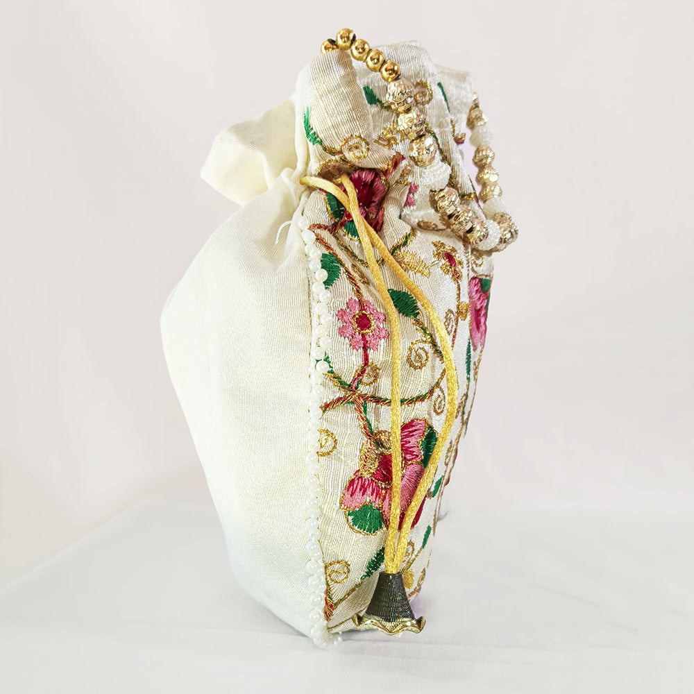 JS Fashion Bridal Silk Brocade Potli Bag with Pearl Border & Beaded Handle