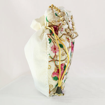 JS Fashion Bridal Silk Brocade Potli Bag with Pearl Border & Beaded Handle