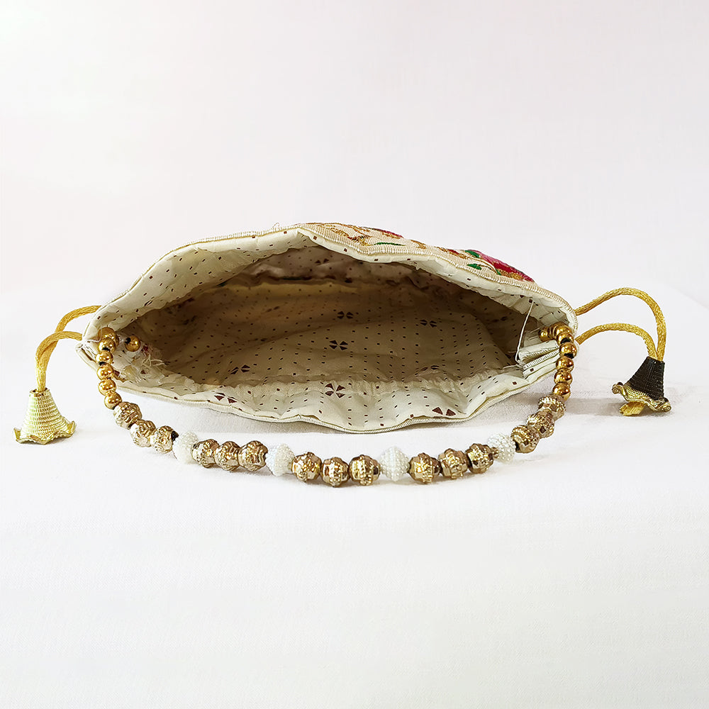 JS Fashion Bridal Silk Brocade Potli Bag with Pearl Border & Beaded Handle
