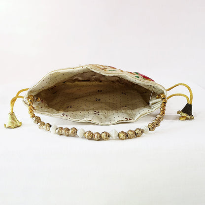 JS Fashion Bridal Silk Brocade Potli Bag with Pearl Border & Beaded Handle