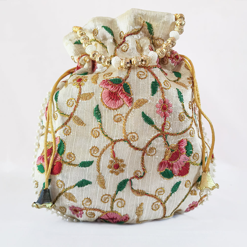 JS Fashion Bridal Silk Brocade Potli Bag with Pearl Border & Beaded Handle