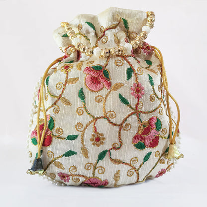JS Fashion Bridal Silk Brocade Potli Bag with Pearl Border & Beaded Handle