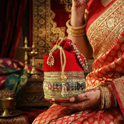 JS Fashion Silk Designer Potli Bag with Golden Embroidery & Pearl Handle