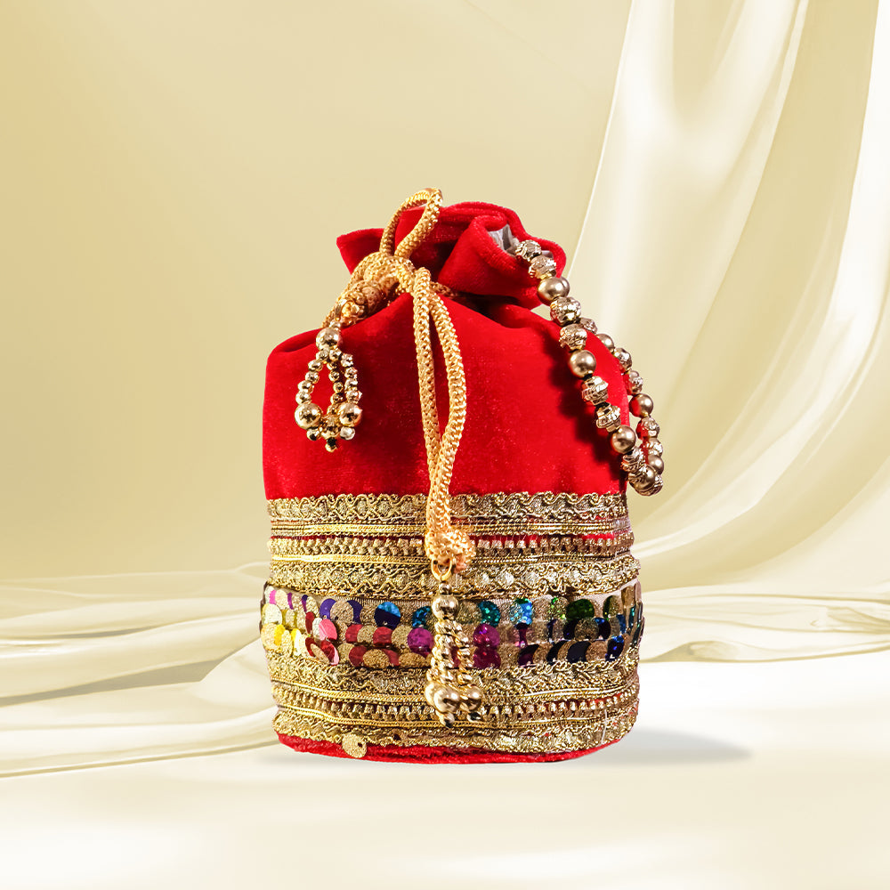 JS Fashion Silk Designer Potli Bag with Golden Embroidery & Pearl Handle