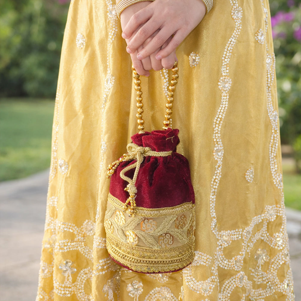 JS Fashion Silk Designer Potli Bag for Women with Golden Embroidery & Pearl Handle