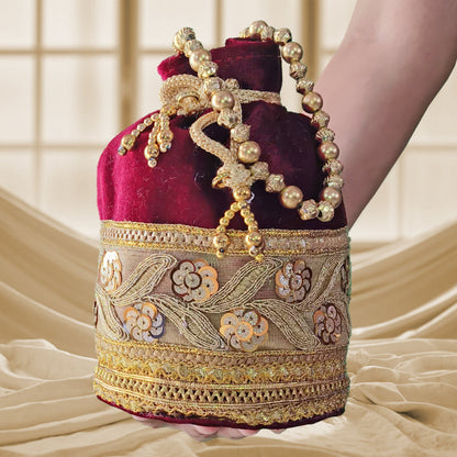 JS Fashion Silk Designer Potli Bag for Women with Golden Embroidery & Pearl Handle
