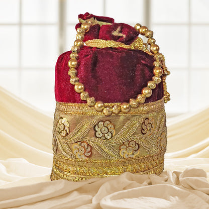 JS Fashion Silk Designer Potli Bag for Women with Golden Embroidery & Pearl Handle