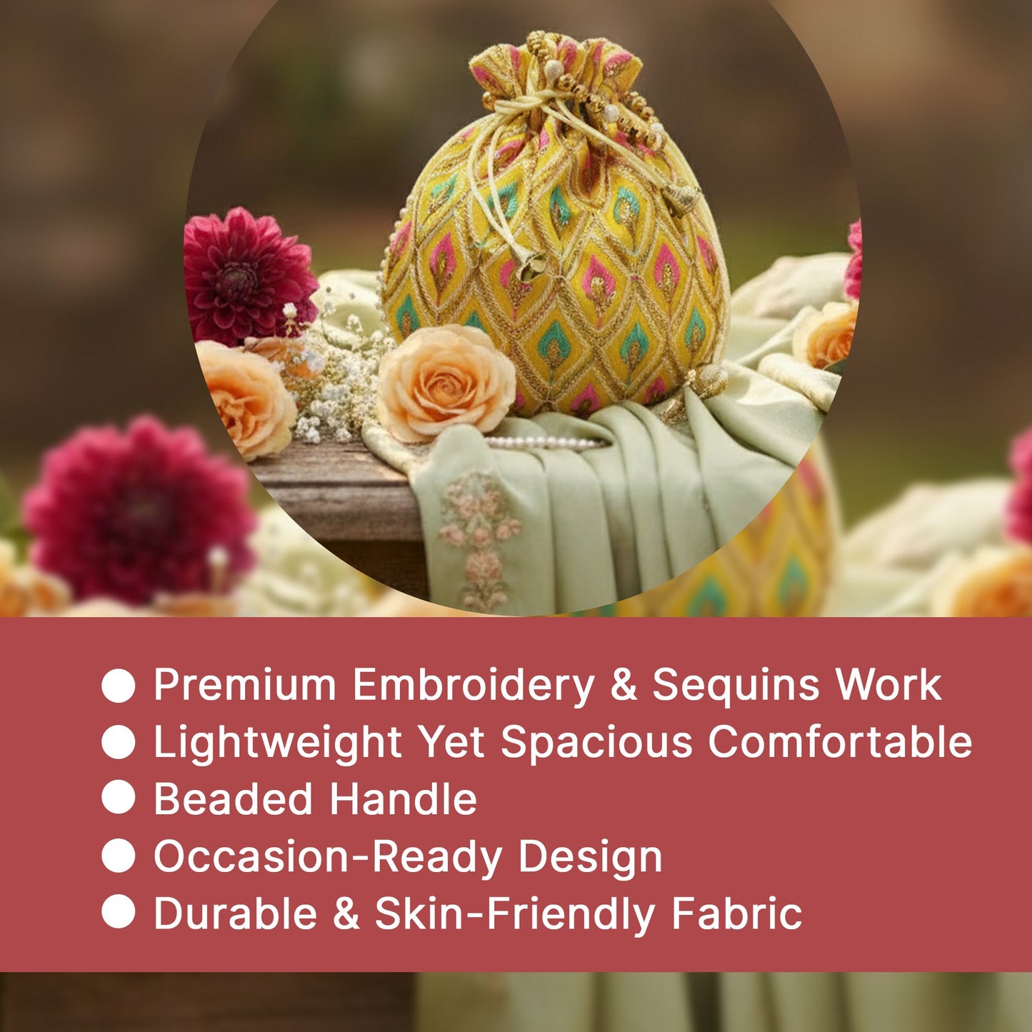 JS Fashion Embroidered Handcrafted Wedding Potli Bag with Beads