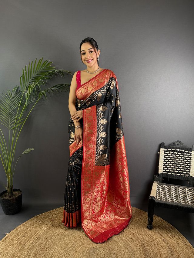 Elora Black Soft Silk Butti Zari Weaving Contrast Weaving Border Banarasi Saree