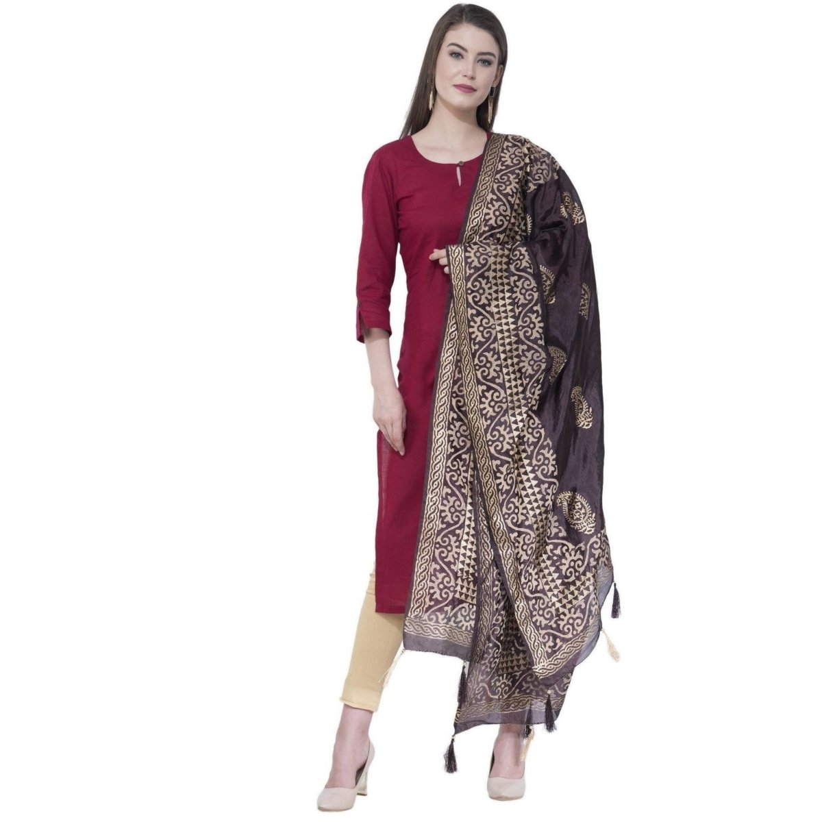 A R Silk Women's Gold Print Silk Black Dupattas and Chunnis
