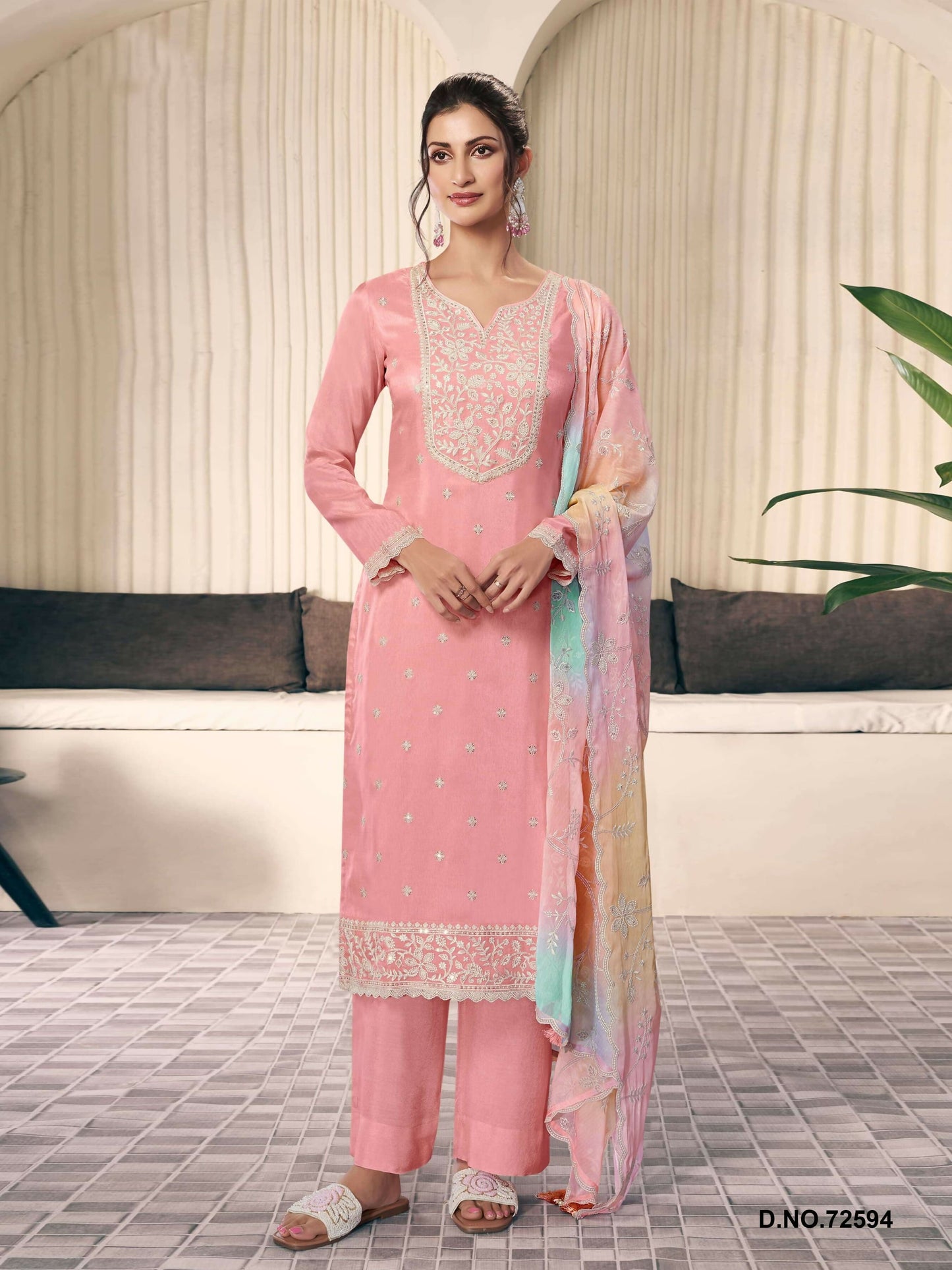 Anaita Peach Moonga Silk Stitched Suit with Embroidery Sequence Work