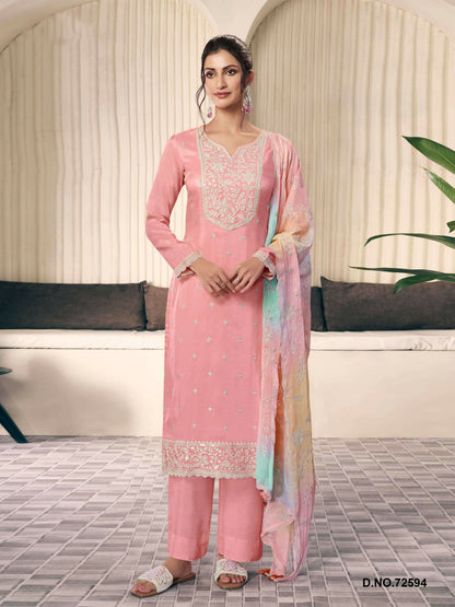 Anaita Peach Moonga Silk Stitched Suit with Embroidery Sequence Work