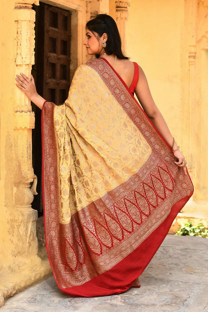 Joban Fashion Yellow Crepe Chiffon Pure Handloom Banarasi Silk Saree