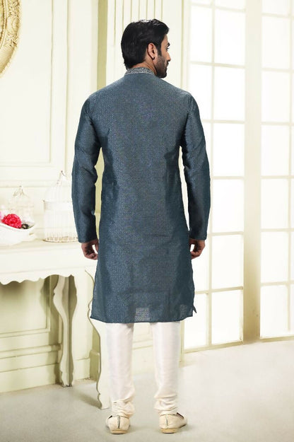 Raivat Ethnic Jacquard Banarasi Silk Thread Work Kurta Pajama In Grey Colour