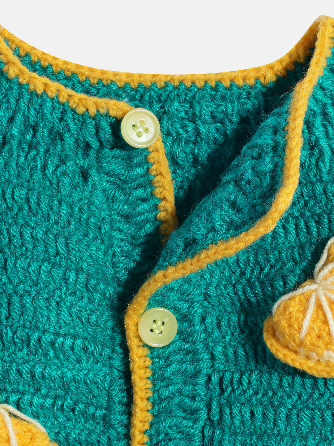 Chutput Kids Woollen Hand Knitted Full Sleeves Toffee Detail Sweater For Baby Girls With Cap - Green