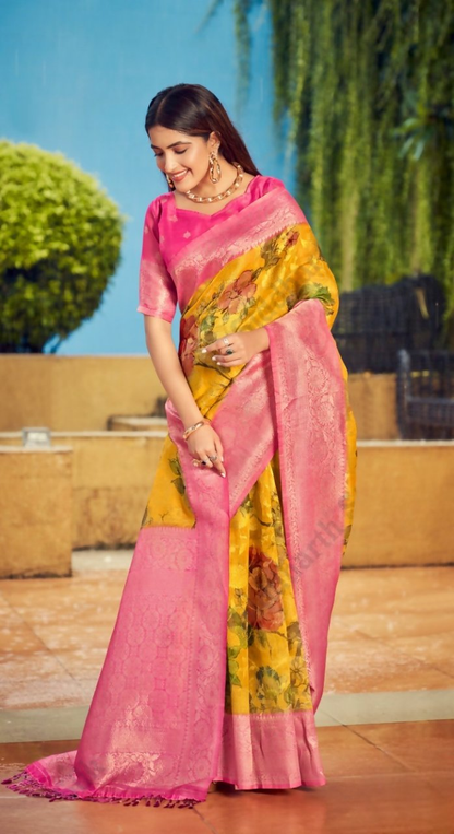 Exclusive Collection Wedding Pink Yellow Collection Banarasi Silk Saree With Rich Pallu
