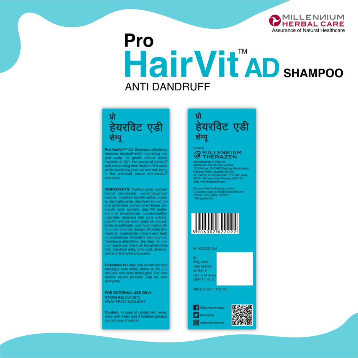 Millennium Herbal Pro Hairvit Ad (Anti-dandruff) Shampoo - 100 ml X 2 Bottles