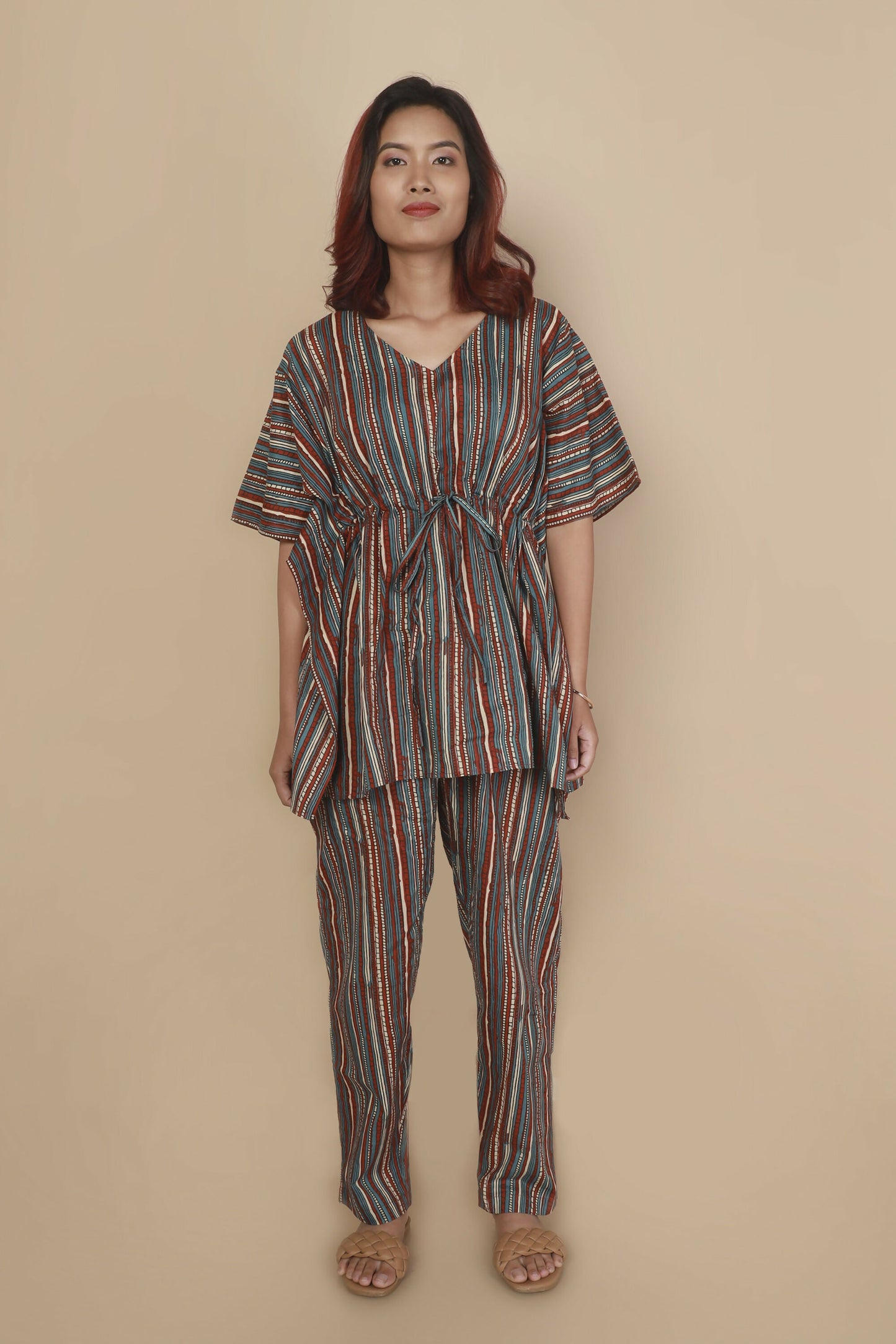 Breathables Women’S Loungewear Kaftan Cotton Aqua Blue Stripes Print Co-Ord Set