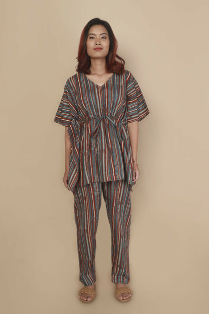 Breathables Women’S Loungewear Kaftan Cotton Aqua Blue Stripes Print Co-Ord Set