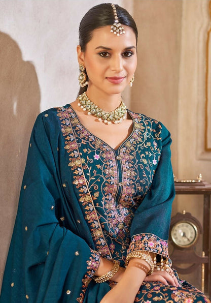Anaita Blue Vichitra Silk Readymade Suit with Embroidery & Lace Work