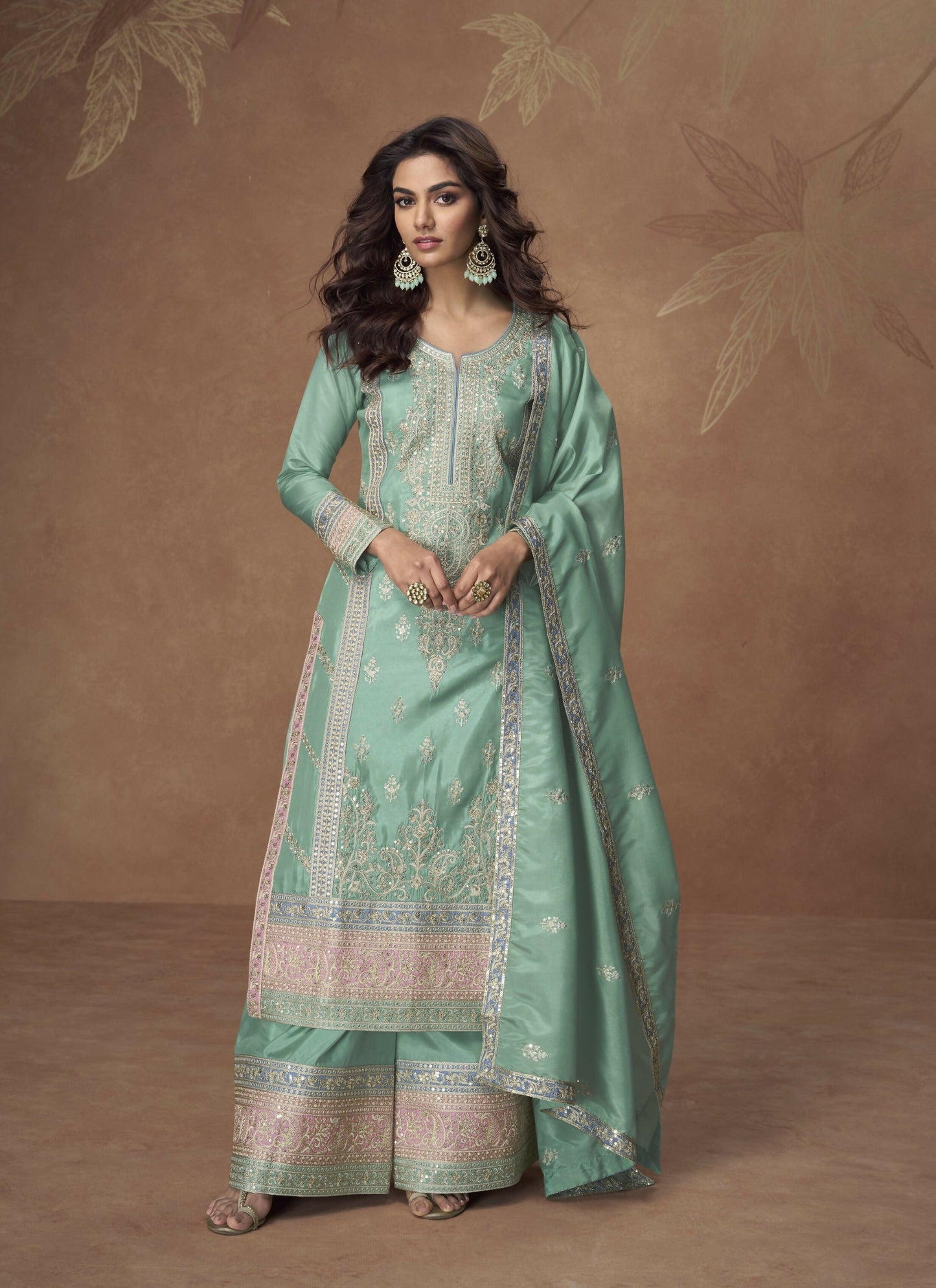 Anaita Sea-Green Chinon Readymade Palazzo Suit with Embroidery Sequence Work