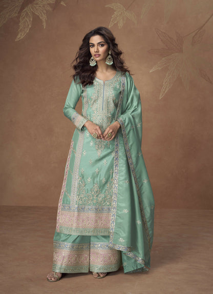 Anaita Sea-Green Chinon Readymade Palazzo Suit with Embroidery Sequence Work
