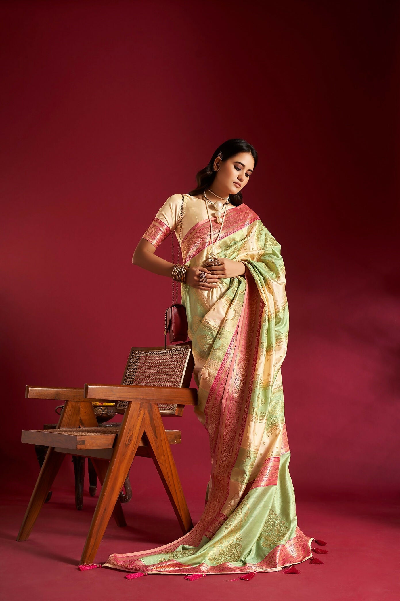 Joban Fashion Cream & Sea Green Plain With Weaving Border Banarasi Silk Sarees