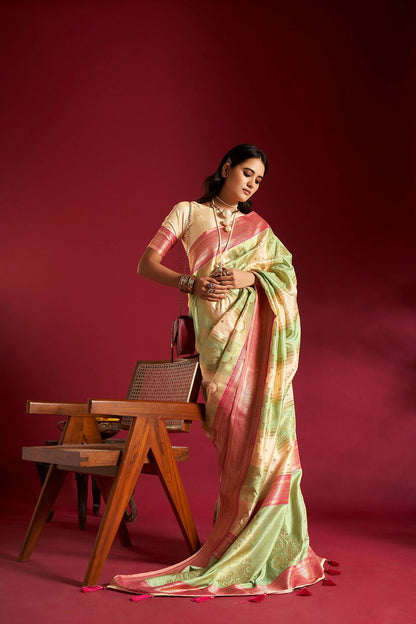 Joban Fashion Cream & Sea Green Plain With Weaving Border Banarasi Silk Sarees