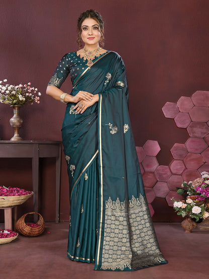 Joban Fashion Teal Floral Banarasi Silk Sarees