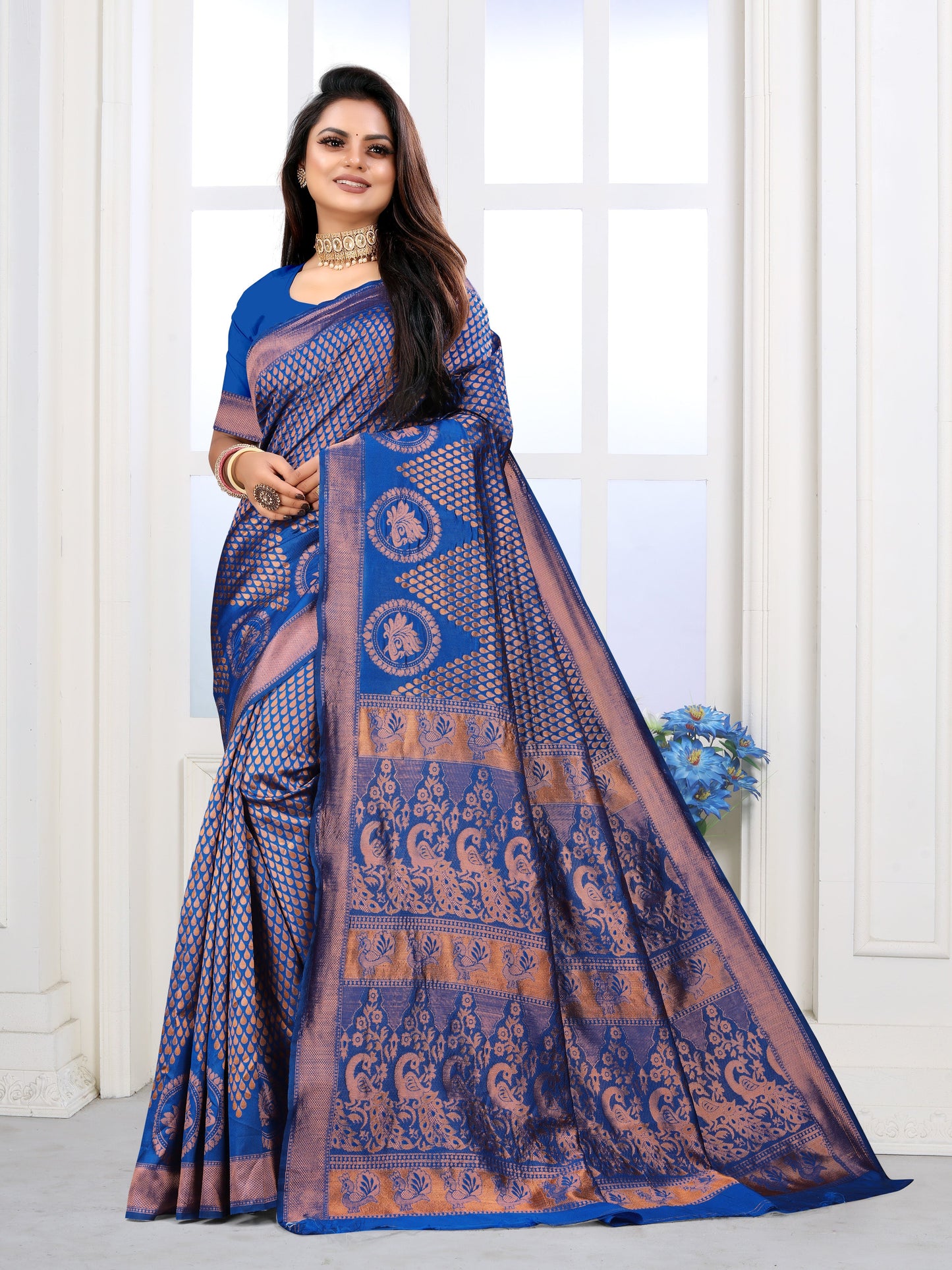 Vedant Vastram Litchi Silk Designer Banarasi Saree - Blue