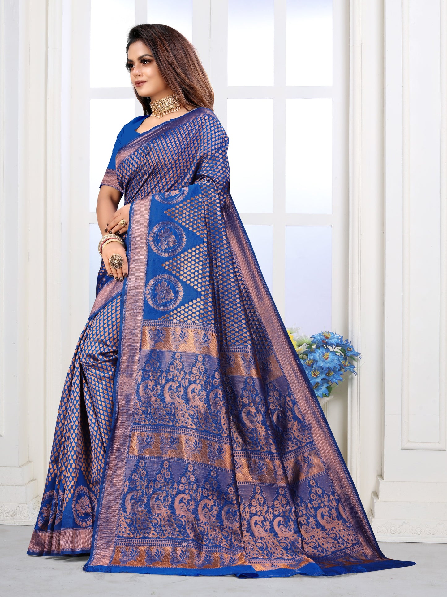 Vedant Vastram Litchi Silk Designer Banarasi Saree - Blue