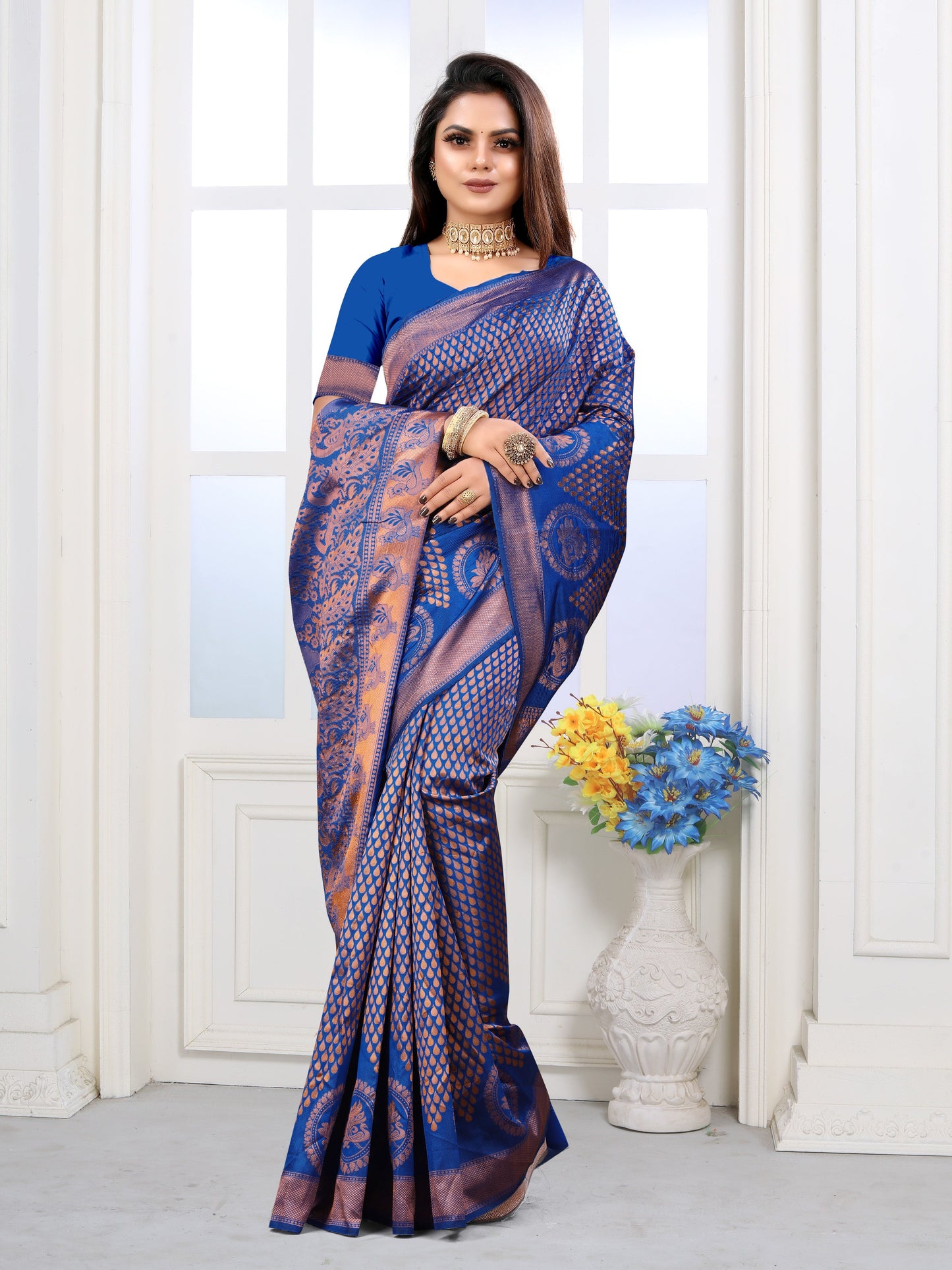 Vedant Vastram Litchi Silk Designer Banarasi Saree - Blue