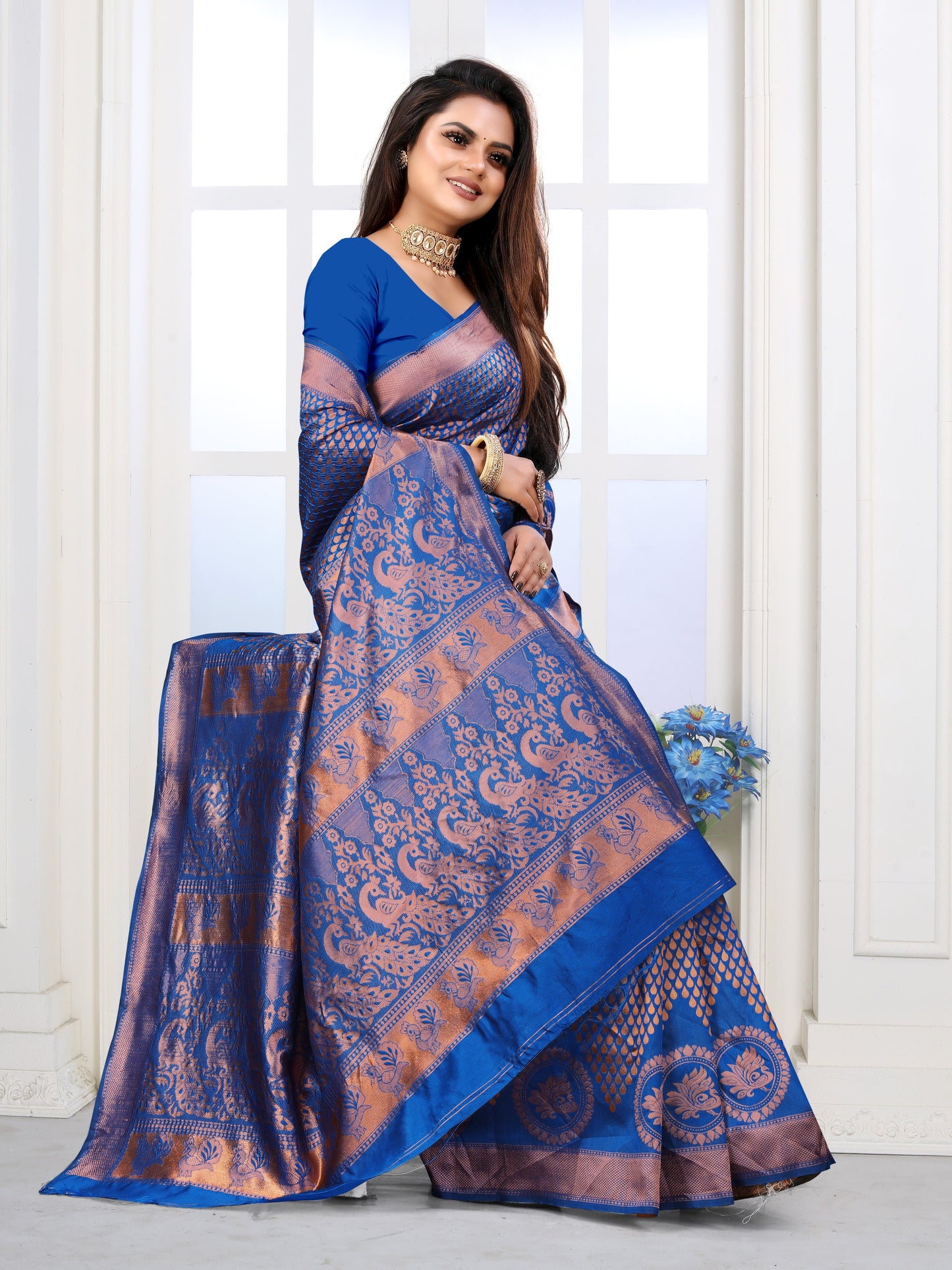 Vedant Vastram Litchi Silk Designer Banarasi Saree - Blue