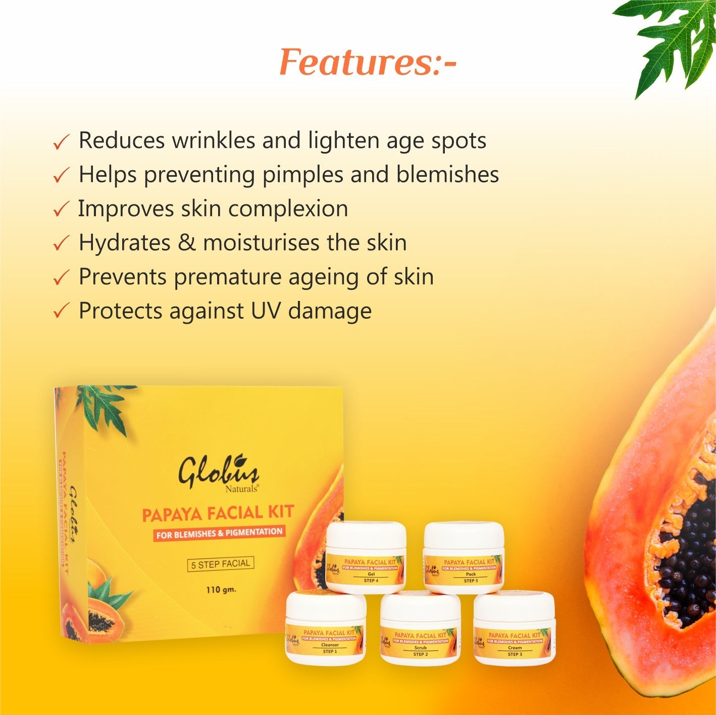 Globus Naturals Anti Tan Papaya Facial Kit For Flawless Skin - 110 gms