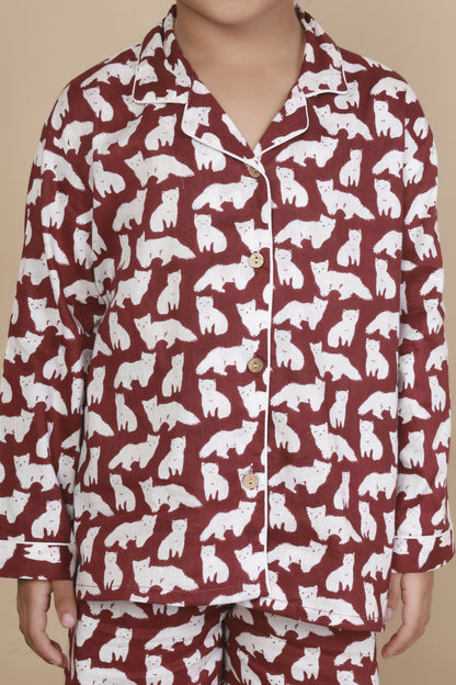 Breathables Kids Cotton Night Suit – Maroon Cat Print Shirt & Pyjama Co-Ord Set For Boys & Girls