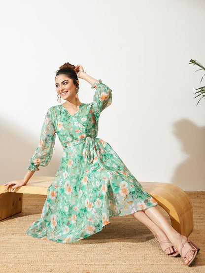 Janasya Mint Fit & Flare Chiffon Dress