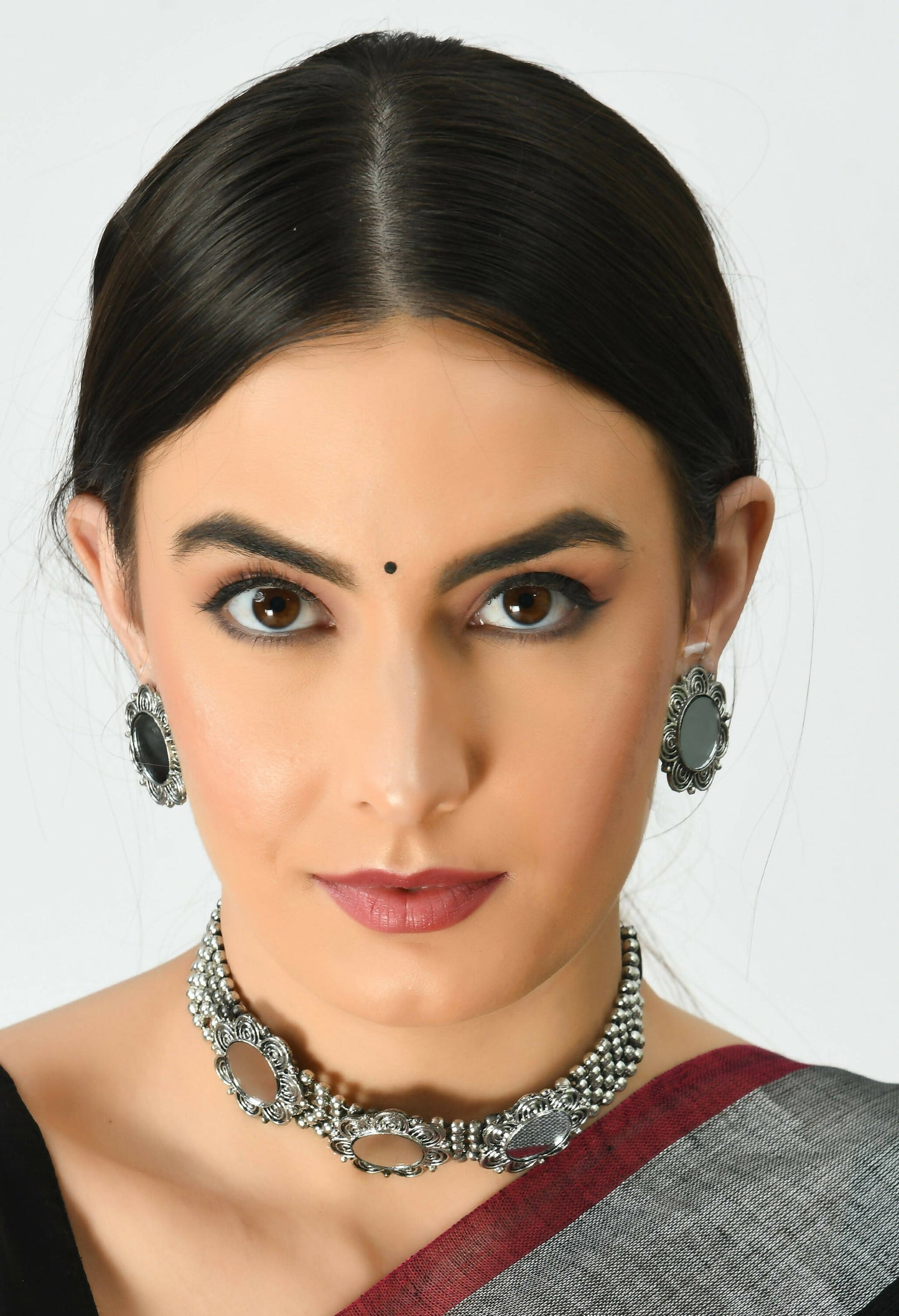 Mominos Fashion Johar Kamal Oxidised Silver-Plated Mirror Design Necklace Choker Set For Women