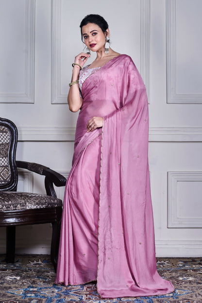 Morchari Purple Chiffon Hand Embroidery Saree And Stitched Blouse