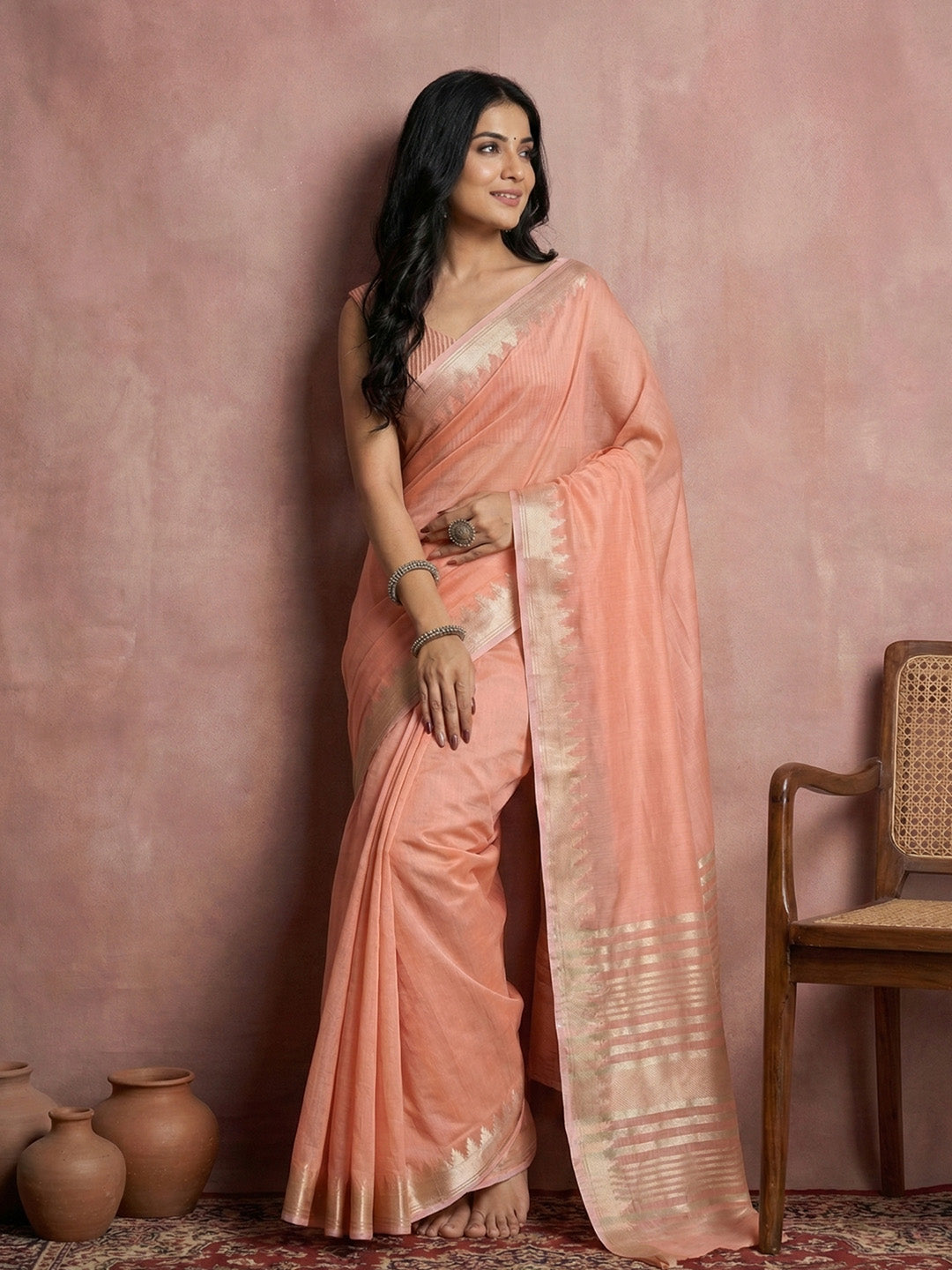 Anaita Peach Cotton Saree With Blouse