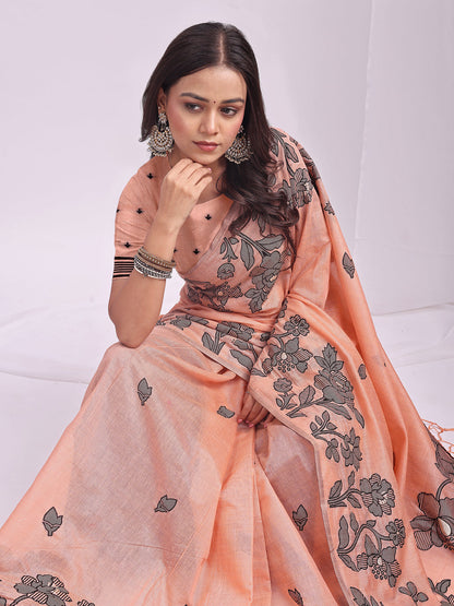 Anaita Peach Linen Printed Saree With Blouse