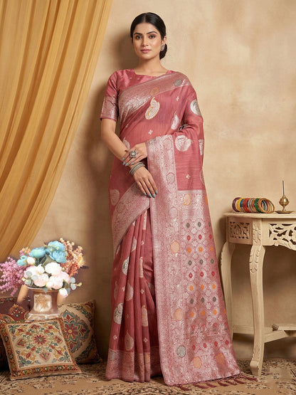 Anaita Peach Linen Woven Work Saree With Blouse