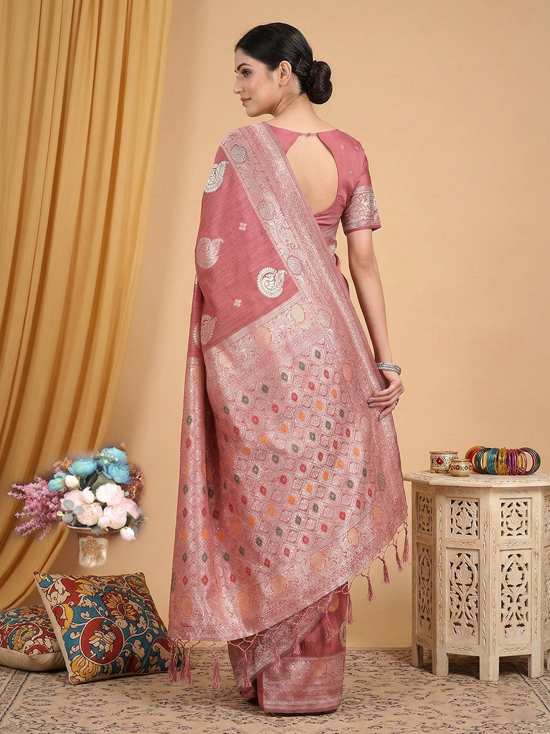 Anaita Peach Linen Woven Work Saree With Blouse