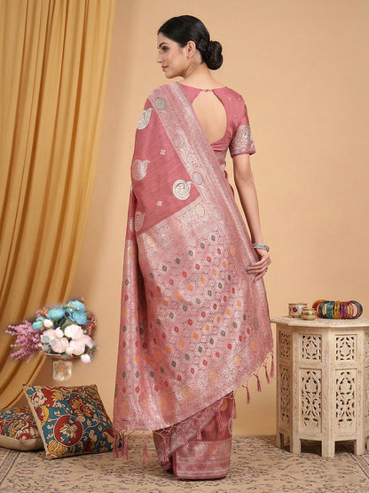 Anaita Peach Linen Woven Work Saree With Blouse