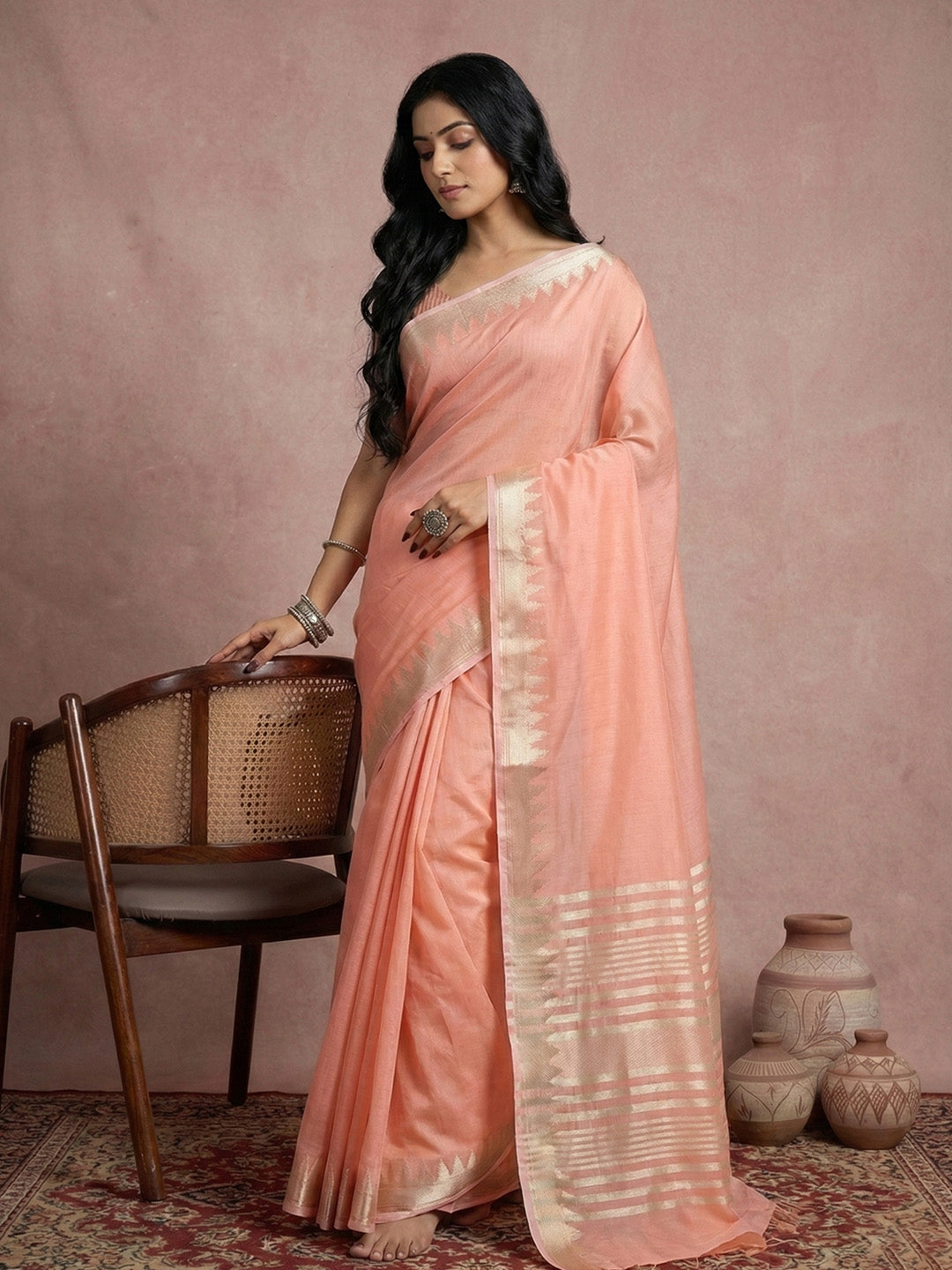 Anaita Peach Cotton Saree With Blouse