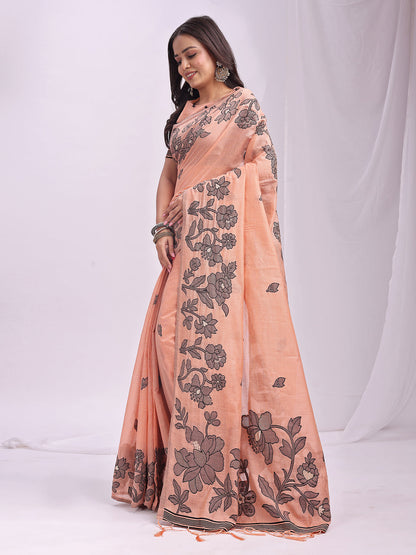Anaita Peach Linen Printed Saree With Blouse