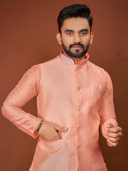 Anaita Peach Jacquard Silk Straight Kurta With Koti & Pajama