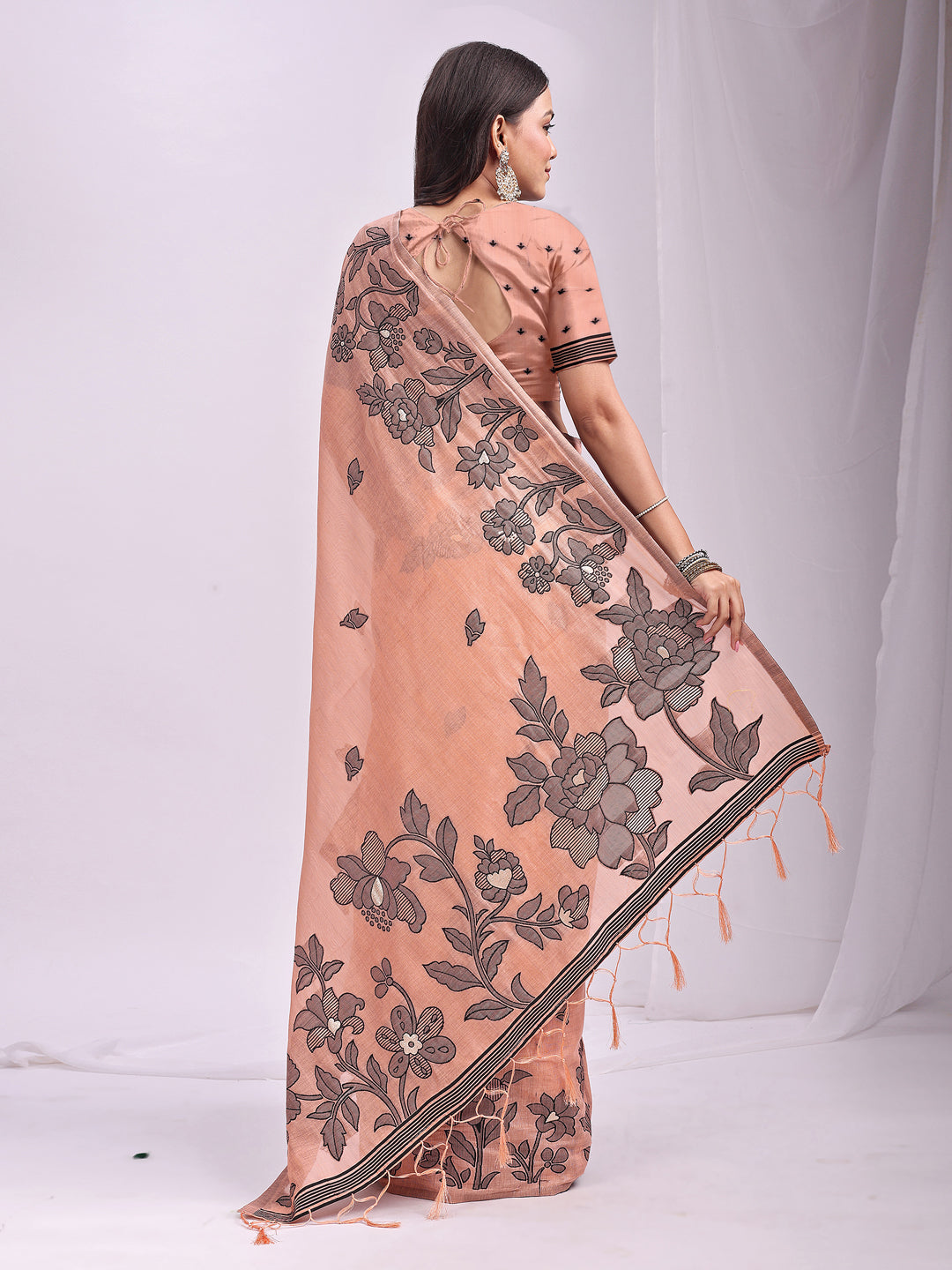 Anaita Peach Linen Printed Saree With Blouse