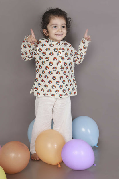 Breathables Kids Cotton Night Suit – White Turban Print Kurta & Pyjama Co-Ord Set For Boys & Girls